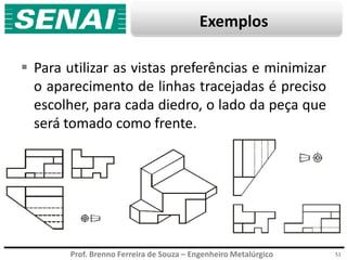 Prof. Brenno Ferreira de Souza – Engenheiro Metalúrgico
Exemplos
 Para utilizar as vistas preferências e minimizar
o aparecimento de linhas tracejadas é preciso
escolher, para cada diedro, o lado da peça que
será tomado como frente.
51
 