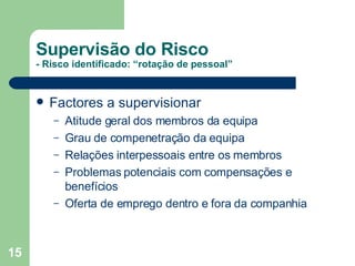 Supervisão do Risco - Risco identificado: “rotação de pessoal” Factores a supervisionar Atitude geral dos membros da equipa Grau de compenetração da equipa Relações interpessoais entre os membros Problemas potenciais com compensações e benefícios Oferta de emprego dentro e fora da companhia 