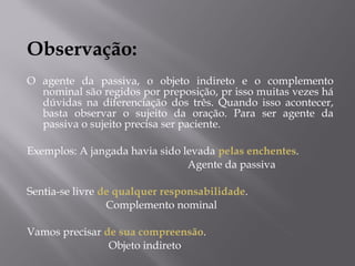 Observação:
 
O agente da passiva, o objeto indireto e o complemento
      nominal são regidos por preposição, pr isso muitas vezes há
      dúvidas na diferenciação dos três. Quando isso acontecer,
      basta observar o sujeito da oração. Para ser agente da
      passiva o sujeito precisa ser paciente.
 
Exemplos: A jangada havia sido levada pelas enchentes.
                                                           Agente da passiva
 
Sentia-se livre de qualquer responsabilidade.
                             Complemento nominal
 
Vamos precisar de sua compreensão.
                              Objeto indireto
 