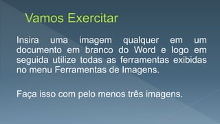 Insira uma imagem qualquer em um
documento em branco do Word e logo em
seguida utilize todas as ferramentas exibidas
no menu Ferramentas de Imagens.
Faça isso com pelo menos três imagens.
 