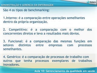 Aula 10: Gerenciamento da qualidade em saúde
ADMINISTRAÇÃO E GERENCIA EM ENFERMAGEMADMINISTRAÇÃO E GERENCIA EM ENFERMAGEM
São 4 os tipos de benchmarking:
1.Interno: é a comparação entre operações semelhantes
dentro da própria organização.
2. Competitivo: é a comparação com o melhor dos
concorrentes diretos e leva a resultados mais óbvios.
3. Funcional: é a comparação das mesmas funções em
setores distintos entre empresas com processos
semelhantes.
4. Genérico: é a comparação de processos de trabalho com
outros que tenha processos exemplares de trabalhos
inovadores.
 