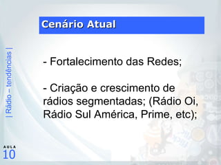 Cenário Atual - Fortalecimento das Redes; - Criação e crescimento de rádios segmentadas; (Rádio Oi, Rádio Sul América, Prime, etc); 