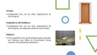TETOS
Acabamento liso, em cor clara, impermeável, de
fácil limpeza;
PAREDES E DIVISÓRIAS
Acabamento liso, em cor clara, impermeável, de
fácil limpeza, em adequado estado de conservação;
PORTAS
Com superfícies lisa, de fácil higienização, ajustadas
aos batentes, sem falhas de revestimento, portas
externas com fechamento automático;
 