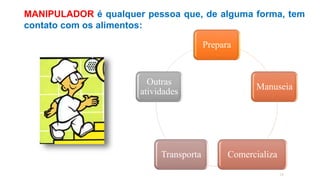 MANIPULADOR é qualquer pessoa que, de alguma forma, tem
contato com os alimentos:
18
Prepara
Manuseia
Comercializa
Transporta
Outras
atividades
 