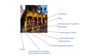 Instalações
Água
Contaminação por Superfície
Higienização
Contaminação cruzada
Contaminação pelos
Manipuladores
Contaminação pelo ambiente
Contaminação por produtos
químicos,físicos e biológicos
Pragas
 
