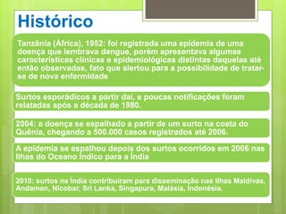 Histórico
Tanzânia (África), 1952: foi registrada uma epidemia de uma
doença que lembrava dengue, porém apresentava algumas
características clínicas e epidemiológicas distintas daquelas até
então observadas, fato que alertou para a possibilidade de tratar-
se de nova enfermidade
Surtos esporádicos a partir daí, e poucas notificações foram
relatadas após a década de 1980.
2004: a doença se espalhado a partir de um surto na costa do
Quênia, chegando a 500.000 casos registrados até 2006.
A epidemia se espalhou depois dos surtos ocorridos em 2006 nas
Ilhas do Oceano Índico para a Índia
2010: surtos na Índia contribuiram para disseminação nas Ilhas Maldivas,
Andaman, Nicobar, Sri Lanka, Singapura, Malásia, Indonésia.
 