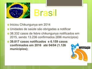 Brasil
 Iniciou Chikungunya em 2014
 Unidades de saúde são obrigadas a notificar
 38.332 casos de febre chikungunya notificados em
2015, sendo 13.236 confirmados (696 municípios)
 39.017 casos notificados e 6.159 casos
confirmados em 2016 até 04/04 (1.126
municípios);
 