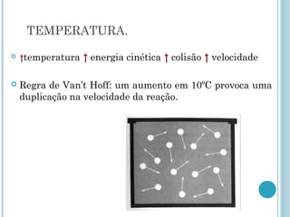 TEMPERATURA.
 ↑↑temperatura ↑↑ energia cinética ↑↑ colisão ↑↑ velocidade
 Regra de Van’t Hoff: um aumento em 10ºC provoca uma
duplicação na velocidade da reação.
 
