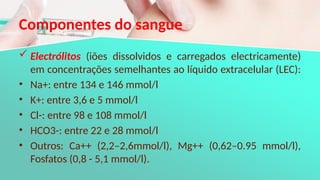 Componentes do sangue
 Electrólitos (iões dissolvidos e carregados electricamente)
em concentrações semelhantes ao líquido extracelular (LEC):
• Na+: entre 134 e 146 mmol/l
• K+: entre 3,6 e 5 mmol/l
• Cl-: entre 98 e 108 mmol/l
• HCO3-: entre 22 e 28 mmol/l
• Outros: Ca++ (2,2–2,6mmol/l), Mg++ (0,62–0.95 mmol/l),
Fosfatos (0,8 - 5,1 mmol/l).
 