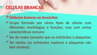 CELULAS BRANCAS
Glóbulos brancos ou leucócitos
 Grupo formado por vários tipos de células com
diferentes morfologias e funções, mas com certas
características comuns:
Ser de maior tamanho que os eritrócitos e plaquetas;
Ter núcleo (os eritrócitos maduros e plaquetas não
tem núcleos);
 