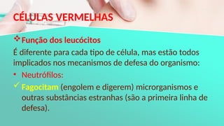 CÉLULAS VERMELHAS
Função dos leucócitos
É diferente para cada tipo de célula, mas estão todos
implicados nos mecanismos de defesa do organismo:
• Neutrófilos:
Fagocitam (engolem e digerem) microrganismos e
outras substâncias estranhas (são a primeira linha de
defesa).
 