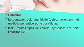  Linfócitos
Responsáveis pela imunidade (defesa do organismo)
mediada por anticorpos e por células.
Inclui muitos tipos de células, agrupadas em dois:
linfócitos T e B.
 