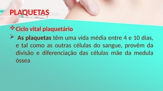 PLAQUETAS
Ciclo vital plaquetário
 As plaquetas têm uma vida média entre 4 e 10 dias,
e tal como as outras células do sangue, provêm da
divisão e diferenciação das células mãe da medula
óssea
 