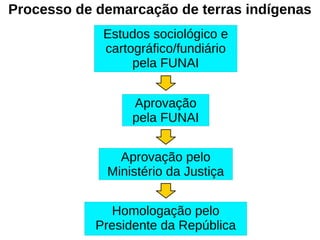 Processo de demarcação de terras indígenas
Estudos sociológico e
cartográfico/fundiário
pela FUNAI
Aprovação
pela FUNAI
Aprovação pelo
Ministério da Justiça
Homologação pelo
Presidente da República
 
