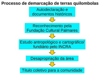 Processo de demarcação de terras quilombolas
Autodeclaração e
documentos históricos
Reconhecimento pela
Fundação Cultural Palmares
Estudo antropológico e cartográfico/
fundiário pelo INCRA
Desapropriação da área
Título coletivo para a comunidade
 