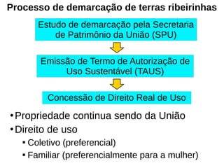 Processo de demarcação de terras ribeirinhas
Estudo de demarcação pela Secretaria
de Patrimônio da União (SPU)
Emissão de Termo de Autorização de
Uso Sustentável (TAUS)
Concessão de Direito Real de Uso
●
Propriedade continua sendo da União
●
Direito de uso

Coletivo (preferencial)

Familiar (preferencialmente para a mulher)
 