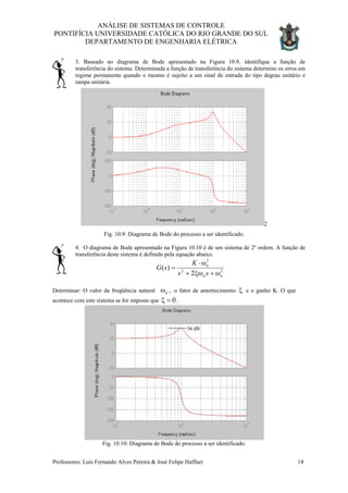ANÁLISE DE SISTEMAS DE CONTROLE
PONTIFÍCIA UNIVERSIDADE CATÓLICA DO RIO GRANDE DO SUL
DEPARTAMENTO DE ENGENHARIA ELÉTRICA
Professores: Luís Fernando Alves Pereira & José Felipe Haffner 14
3. Baseado no diagrama de Bode apresentado na Figura 10.9, identifique a função de
transferência do sistema. Determinada a função de transferência do sistema determine os erros em
regime permanente quando o mesmo é sujeito a um sinal de entrada do tipo degrau unitário e
rampa unitária.
2
Fig. 10.9: Diagrama de Bode do processo a ser identificado.
4. O diagrama de Bode apresentado na Figura 10.10 é de um sistema de 2º ordem. A função de
transferência deste sistema é definido pela equação abaixo.
22
2
2
)(
nn
n
ss
K
sG
ω+ξω+
ω⋅
=
Determinar: O valor da freqüência natural nω ,. o fator de amortecimento ξ e o ganho K. O que
acontece com este sistema se for imposto que 0=ξ .
Fig. 10.10: Diagrama de Bode do processo a ser identificado.
 