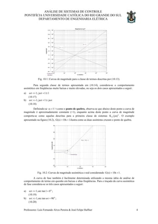 ANÁLISE DE SISTEMAS DE CONTROLE
PONTIFÍCIA UNIVERSIDADE CATÓLICA DO RIO GRANDE DO SUL
DEPARTAMENTO DE ENGENHARIA ELÉTRICA
Fig. 10.1: Curvas de magnitude para a classe de termos descritas por (10.13).
Para segunda classe de termos apresentada em (10.14), considera-se o comportamento
assintótico em freqüências muito baixas e muito elevadas, ou seja os dois casos apresentados a seguir:
a)
(10.17)
11j,1 ≅+ωτ<<ωτ
b)
(10.18)
ωτ≅+ωτ>>ωτ j1j,1
Definindo-se τ=ω /
G
1 como o ponto de quebra, observa-se que abaixo deste ponto a curva de
magnitude é aproximadamente constante (=1), enquanto acima deste ponto a curva de magnitude
comporta-se como aquelas descritas para a primeira classe de sistemas K . O exemplo
apresentado na figura (10.2),
γ
ω)j(o
1s10)s( += ilustra como as duas assíntotas cruzam o ponto de quebra.
Fig. 10.2: Curvas de magnitude assintótica e real considerando 1s10)s(G += .
A curva de fase também é facilmente determinada utilizando a mesma idéia de análise de
comportamento de termo em questão em baixas e altas freqüências. Para o traçado da curva assintótica
de fase considera-se os três casos apresentados a seguir:
a) ;
(10.19)
o
01tanarc,1 =<<ωτ
b) ;
(10.20)
o
90tanarc,1 =ωτ>>ωτ
Professores: Luís Fernando Alves Pereira & José Felipe Haffner 4
 