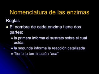 Nomenclatura de las enzimas
Reglas
 El nombre de cada enzima tiene dos
partes:
 la primera informa el sustrato sobre el cual
actúa,
 la segunda informa la reacción catalizada
 Tiene la terminación “asa”
 