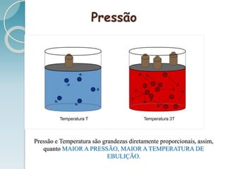 Temperatura T Temperatura 3T
Pressão
Pressão e Temperatura são grandezas diretamente proporcionais, assim,
quanto MAIOR A PRESSÃO, MAIOR A TEMPERATURA DE
EBULIÇÃO.
 