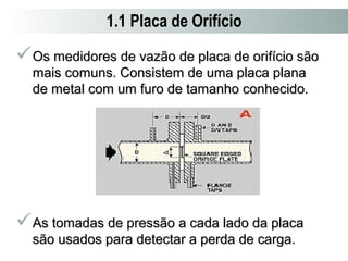 1.1 Placa de Orifício 
Os medidores de vazão ddee ppllaaccaa ddee oorriiffíícciioo ssããoo 
mmaaiiss ccoommuunnss.. CCoonnssiisstteemm ddee uummaa ppllaaccaa ppllaannaa 
ddee mmeettaall ccoomm uumm ffuurroo ddee ttaammaannhhoo ccoonnhheecciiddoo.. 
AAss ttoommaaddaass ddee pprreessssããoo aa ccaaddaa llaaddoo ddaa ppllaaccaa 
ssããoo uussaaddooss ppaarraa ddeetteeccttaarr aa ppeerrddaa ddee ccaarrggaa.. 
 