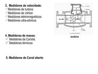3. Medidores de velocidade: 
Medidores de turbina 
Medidores de vórtice 
Medidores eletromagnéticos 
Medidores ultra-sônicos 
4. Medidores de massa: turbina 
Medidores de Coriolis 
Medidores térmicos 
5. Medidores de Canal aberto 
 