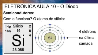 ELETRÔNICA AULA 10 - O Diodo
Semicondutores:
Com o funciona? O atomo de silício:
4 elétrons
na última
camada
 