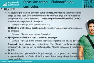Educação Conectada na Sociedade do Conhecimento
Dicas site catho – Elaboração de
currículos
• Objetivos
– O objetivo profissional deve ser curto e direto, mostrando claramente qual
cargo ou área você quer ocupar dentro da empresa. Seja o mais específico
que puder. Veja como escrever: 1) Objetivo profissional específico (ideal):
apresenta o cargo/função desejado
• Exemplo – “Desejo atuar como Analista Jr”;
– 2) Objetivo profissional geral : quando está aberto processo para uma área
da empresa
• Exemplo – “Desejo atuar na área financeira”;
– 3) Objetivo profissional para o primeiro emprego
• Exemplo – “Desejo minha primeira oportunidade profissional na área de vendas”.
– O que não fazer: a) objetivos pretensiosos (Ex.: “Desejo revolucionar essa
empresa”); b) mais de um cargo/função (Ex.: “Quero concorrer à vaga/área X
ou Y”).
– Fica a dica: Se a oportunidade for para estágio ou programa de trainee,
adapte o objetivo profissional, indicando as áreas nas quais você acredita ter
maior aptidão.
 