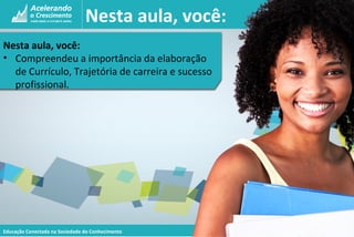 Educação Conectada na Sociedade do Conhecimento
Nesta aula, você:
Nesta aula, você:
• Compreendeu a importância da elaboração
de Currículo, Trajetória de carreira e sucesso
profissional.
 