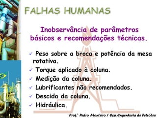 Inobservância de parâmetros
básicos e recomendações técnicas.

 Peso sobre a broca e potência da mesa
 rotativa.
 Torque aplicado à coluna.
 Medição da coluna.
 Lubrificantes não recomendados.
 Descida da coluna.
 Hidráulica.

            Prof.° Pedro Monteiro / Esp. Engenharia de Petróleo
 