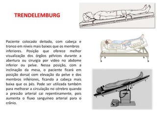Paciente colocado deitado, com cabeça e
tronco em níveis mais baixos que os membros
inferiores. Posição que oferece melhor
visualização dos órgãos pélvicos durante a
abertura ou cirurgia por vídeo no abdome
inferior ou pelve. Nessa posição, com a
inclinação da mesa, o paciente ficará em
posição dorsal com elevação da pelve e dos
membros inferiores, ficando a cabeça mais
baixa que os pés. Pode ser utilizada também
para melhorar a circulação no cérebro quando
a pressão arterial cai repentinamente, pois
aumenta o fluxo sanguíneo arterial para o
crânio.
TRENDELEMBURG
 
