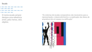 Escala
O nome escala sempre
designa uma referência
entre, pelo menos, dois
objetos
“Os sistemas de escalas comparativos são necessários para a
representação, o desenvolvimento e a explicação das ideias de
arquitetura de um espaço ou edificação”
 