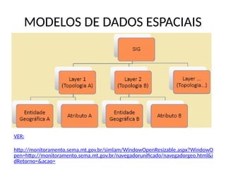 MODELOS DE DADOS ESPACIAIS
VER:
http://monitoramento.sema.mt.gov.br/simlam/WindowOpenResizable.aspx?WindowO
pen=http://monitoramento.sema.mt.gov.br/navegadorunificado/navegadorgeo.html&i
dRetorno=&acao=
 