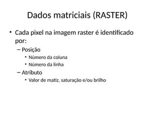Dados matriciais (RASTER)
• Cada pixel na imagem raster é identificado
por:
– Posição
• Número da coluna
• Número da linha
– Atributo
• Valor de matiz, saturação e/ou brilho
 
