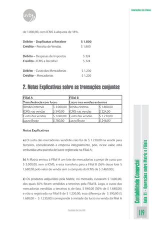 Anotações do Aluno
uvb


de 1.800,00, com ICMS à alíquota de 18%.


Débito – Duplicatas a Receber                    $ 1.800
Crédito – Receita de Vendas                      $ 1.800


Débito – Despesas de Impostos                       $ 324
Crédito - ICMS a Recolher                           $ 324


Débito – Custo das Mercadorias                    $ 1.230
Crédito – Mercadorias                             $ 1.230


2. Notas Explicativas sobre as transações conjuntas
Filial A                           Filial B
Transferência com lucro            Lucro nas vendas externas
Vendas internas     $ 3.000,00     Venda externa       $ 1.800,00
ICMS nas vendas     $ 540,00       ICMS nas vendas     $ 324,00
Custo das vendas    $ 1.680,00     Custo das vendas    $ 1.230,00
Lucro Bruto         $ 780,00       Lucro Bruto         $ 246,00


Notas Explicativas

a) O custo das mercadorias vendidas não foi de $ 1.230,00 na venda para
terceiros, considerando a empresa integralmente, pois, nesse valor, está                                 Aula 11 - Operações entre Matriz e Filiais
embutida uma parcela de lucro registrada na Filial A;


b) A Matriz enviou à Filial A um lote de mercadorias a preço de custo por
                                                                               Contabilidade Comercial


$ 3.000,00, sem o ICMS, e esta transferiu para a Filial B (56% desse lote $
1.680,00 pelo valor de venda sem o computo do ICMS de $ 2.460,00);


c) Os produtos adquiridos pela Matriz, no mercado, custaram $ 1.680,00,
dos quais 50% foram vendidos a terceiros pela Filial B. Logo, o custo das
mercadorias vendidas a terceiros é, de fato, $ 840,00 (50% de $ 1.680,00)
e não o registrado na Filial B de $ 1.230,00; essa diferença de $ 390,00 ($
1.680,00 – $ 1.230,00) corresponde à metade do lucro na venda da filial A


                                  Faculdade On-Line UVB
                                                                                              119
 