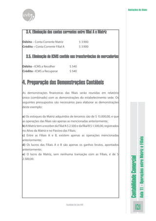 Anotações do Aluno
uvb


   3.4. Eliminação das contas correntes entre filial A e Matriz

Débito – Conta Corrente Matriz                      $ 3.900
Crédito – Conta Corrente Filial A                   $ 3.900


   3.5. Eliminação do ICMS contido nas transferências de mercadorias

Débito - ICMS a Recolher                 $ 540
Crédito - ICMS a Recuperar               $ 540


4. Preparação das Demonstrações Contábeis
As demonstrações financeiras das filiais serão reunidas em relatório
único (combinado) com as demonstrações do estabelecimento sede. Os
seguintes pressupostos são necessários para elaborar as demonstrações
deste exemplo:


a) Os estoques da Matriz adquiridos de terceiros são de $ 15.000,00, e que
as operações das filiais são apenas as mencionadas anteriormente;
b) A Matriz tem a receber da Filial A $ 2.500 e da filial B $ 1.500,00, registrados
no Ativo da Matriz e no Passivo das Filiais;
c) Entre as Filiais A e B, existem apenas as operações mencionadas

                                                                                                                 Aula 11 - Operações entre Matriz e Filiais
anteriormente;
d) Os lucros das Filiais A e B são apenas os ganhos brutos, apontados
anteriormente;
e) O lucro da Matriz, sem nenhuma transação com as Filiais, é de $
                                                                                       Contabilidade Comercial


2.500,00.




                                     Faculdade On-Line UVB
                                                                                                     121
 