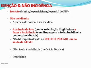 ISENÇÃO & NÃO INCIDÊNCIA


Isenção (Mutilação parcial/Isenção parcial do STF)



Não incidência
 Ausência de norma a ser incidida




Ausência de fato (como articulação lingüística) a
fazer a incidência (sem linguagem não há incidência
como coincidência)
Não há imposto devido no USO E CONSUMO ou na
saída de ATIVO





Nome do professor

Obstáculo à incidência (Ineficácia Técnica)
Imunidade

 