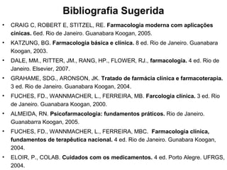 Bibliografia Sugerida
•   CRAIG C, ROBERT E, STITZEL, RE. Farmacologia moderna com aplicações
    cínicas. 6ed. Rio de Janeiro. Guanabara Koogan, 2005.
•   KATZUNG, BG. Farmacologia básica e clínica. 8 ed. Rio de Janeiro. Guanabara
    Koogan, 2003.
•   DALE, MM., RITTER, JM., RANG, HP., FLOWER, RJ., farmacologia. 4 ed. Rio de
    Janeiro. Elsevier, 2007.
•   GRAHAME, SDG., ARONSON, JK. Tratado de farmácia clínica e farmacoterapia.
    3 ed. Rio de Janeiro. Guanabara Koogan, 2004.
•   FUCHES, FD., WANNMACHER, L., FERREIRA, MB. Farcologia clínica. 3 ed. Rio
    de Janeiro. Guanabara Koogan, 2000.
•   ALMEIDA, RN. Psicofarmacologia: fundamentos práticos. Rio de Janeiro.
    Guanabarra Koogan, 2005.
•   FUCHES, FD., WANNMACHER, L., FERREIRA, MBC. Farmacologia clínica,
    fundamentos de terapêutica nacional. 4 ed. Rio de Janeiro. Gunabara Koogan,
    2004.
•   ELOIR, P., COLAB. Cuidados com os medicamentos. 4 ed. Porto Alegre. UFRGS,
    2004.
 