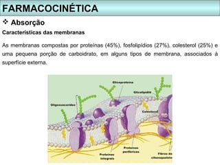 FARMACOCINÉTICA
 Absorção
Características das membranas

As membranas compostas por proteínas (45%), fosfolipídios (27%), colesterol (25%) e
uma pequena porção de carboidrato, em alguns tipos de membrana, associados à
superfície externa.
 