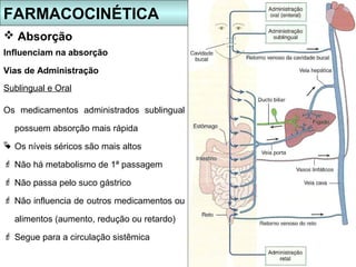 FARMACOCINÉTICA
 Absorção
Influenciam na absorção

Vias de Administração
Sublingual e Oral

Os medicamentos administrados sublingual

  possuem absorção mais rápida
 Os níveis séricos são mais altos

 Não há metabolismo de 1ª passagem

 Não passa pelo suco gástrico

 Não influencia de outros medicamentos ou

  alimentos (aumento, redução ou retardo)
 Segue para a circulação sistêmica
 