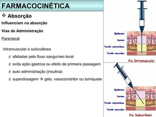 FARMACOCINÉTICA
 Absorção
Influenciam na absorção

Vias de Administração
Parenteral

Intramuscular e subcutânea
    afetadas pelo fluxo sanguíneo local
    evita ação gástrica ou efeito de primeira passagem
    auto administração (insulina)
    superdosagem  gelo, vasoconstritor ou torniquete
 
