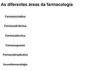 As diferentes áreas da farmacologia

  Farmacocinética


 Farmacodinâmica


  Farmacotécnica


  Farmacognosia


Farmacoterapêutica


 Imunofarmacologia
 