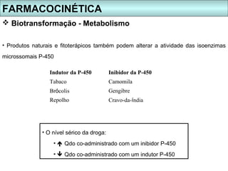 FARMACOCINÉTICA
 Biotransformação - Metabolismo

• Produtos naturais e fitoterápicos também podem alterar a atividade das isoenzimas
microssomais P-450

                 Indutor da P-450          Inibidor da P-450
                 Tabaco                    Camomila
                 Brócolis                  Gengibre
                 Repolho                   Cravo-da-índia




              • O nível sérico da droga:
                   •  Qdo co-administrado com um inibidor P-450
                   •  Qdo co-administrado com um indutor P-450
 