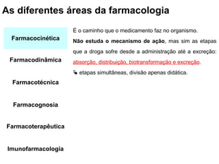 As diferentes áreas da farmacologia
                     É o caminho que o medicamento faz no organismo.
  Farmacocinética    Não estuda o mecanismo de ação, mas sim as etapas
                     que a droga sofre desde a administração até a excreção:
 Farmacodinâmica     absorção, distribuição, biotransformação e excreção.
                      etapas simultâneas, divisão apenas didática.
  Farmacotécnica


  Farmacognosia


Farmacoterapêutica


 Imunofarmacologia
 