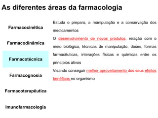As diferentes áreas da farmacologia

                     Estuda o preparo, a manipulação e a conservação dos
  Farmacocinética
                     medicamentos

                     O desenvolvimento de novos produtos, relação com o
 Farmacodinâmica
                     meio biológico, técnicas de manipulação, doses, formas

                     farmacêuticas, interações físicas e químicas entre os
  Farmacotécnica
                     princípios ativos

                     Visando conseguir melhor aproveitamento dos seus efeitos
  Farmacognosia
                     benéficos no organismo


Farmacoterapêutica


 Imunofarmacologia
 