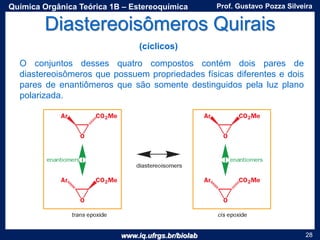 www.iq.ufrgs.br/biolab
Prof. Gustavo Pozza SilveiraQuímica Orgânica Teórica 1B – Estereoquímica
28
Diastereoisômeros Quirais
(cíclicos)
O conjuntos desses quatro compostos contém dois pares de
diastereoisômeros que possuem propriedades físicas diferentes e dois
pares de enantiômeros que são somente destinguidos pela luz plano
polarizada.
 
