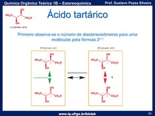 www.iq.ufrgs.br/biolab
Prof. Gustavo Pozza SilveiraQuímica Orgânica Teórica 1B – Estereoquímica
36
Primeiro observa-se o número de diastereoisômeros para uma
moléculas pela fórmula 2n-1
Ácido tartárico
 