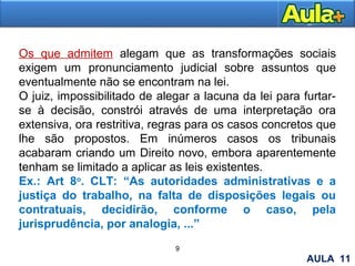 9
AULA 1
Os que admitem alegam que as transformações sociais
exigem um pronunciamento judicial sobre assuntos que
eventualmente não se encontram na lei.
O juiz, impossibilitado de alegar a lacuna da lei para furtar-
se à decisão, constrói através de uma interpretação ora
extensiva, ora restritiva, regras para os casos concretos que
lhe são propostos. Em inúmeros casos os tribunais
acabaram criando um Direito novo, embora aparentemente
tenham se limitado a aplicar as leis existentes.
Ex.: Art 8o
. CLT: “As autoridades administrativas e a
justiça do trabalho, na falta de disposições legais ou
contratuais, decidirão, conforme o caso, pela
jurisprudência, por analogia, ...”
AULA 11
 
