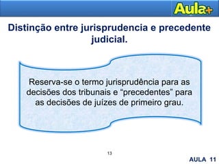 Distinção entre jurisprudencia e precedente
judicial.
AULA 1
13
Reserva-se o termo jurisprudência para as
decisões dos tribunais e “precedentes” para
as decisões de juízes de primeiro grau.
AULA 11
 