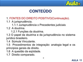 3
2
CONTEÚDO
1. FONTES DO DIREITO POSITIVO(Continuação).
1.1 A jurisprudência.
1.1.1 Jurisprudência x Precedentes judiciais
1.2 A doutrina.
1.2.1 Funções da doutrina.
1.3 O papel da doutrina e da jurisprudência no sistema
jurídico brasileiro.
1.4 Súmula Vinculante.
1.5 Procedimentos de integração: analogia legal e os
princípios gerais de direito.
1.6 A questão da eqüidade.
1.7 Direito comparado.
AULA 11
 